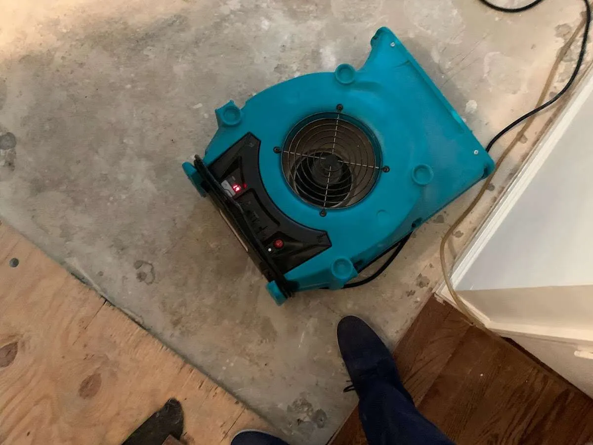 Air mover drying subfloor during Leak Detection & Repair in Benicia